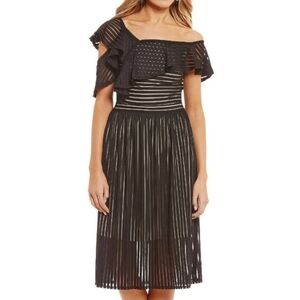 Gianni Bini Little Black Striped Ruffle Off Shoulder Reanna Midi Dress Size M